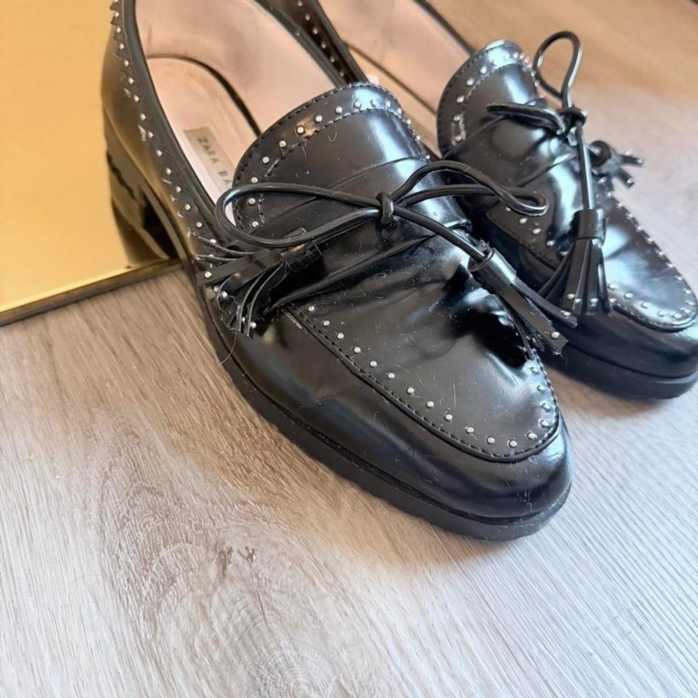 ZARA BASIC Black Studded Bow Tasseled Loafer Flats Cushioned Women's EU 36 - Picture 4 of 7